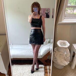 BLACK FAUX LEATHER SKIRT SET OLIVE OAK REPTILE PRINT ZIPPER TANK CROP TOP